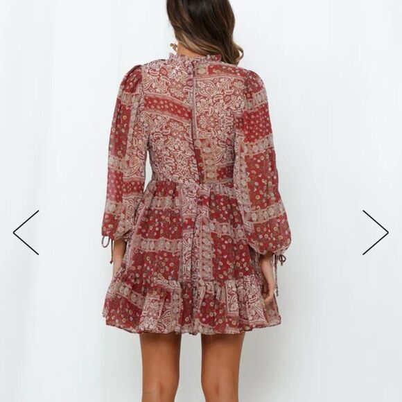 Polly Burgundy Patterned Ruffle Neck Long Sleeve Fit & Flare Dress - Picture 3 of 12